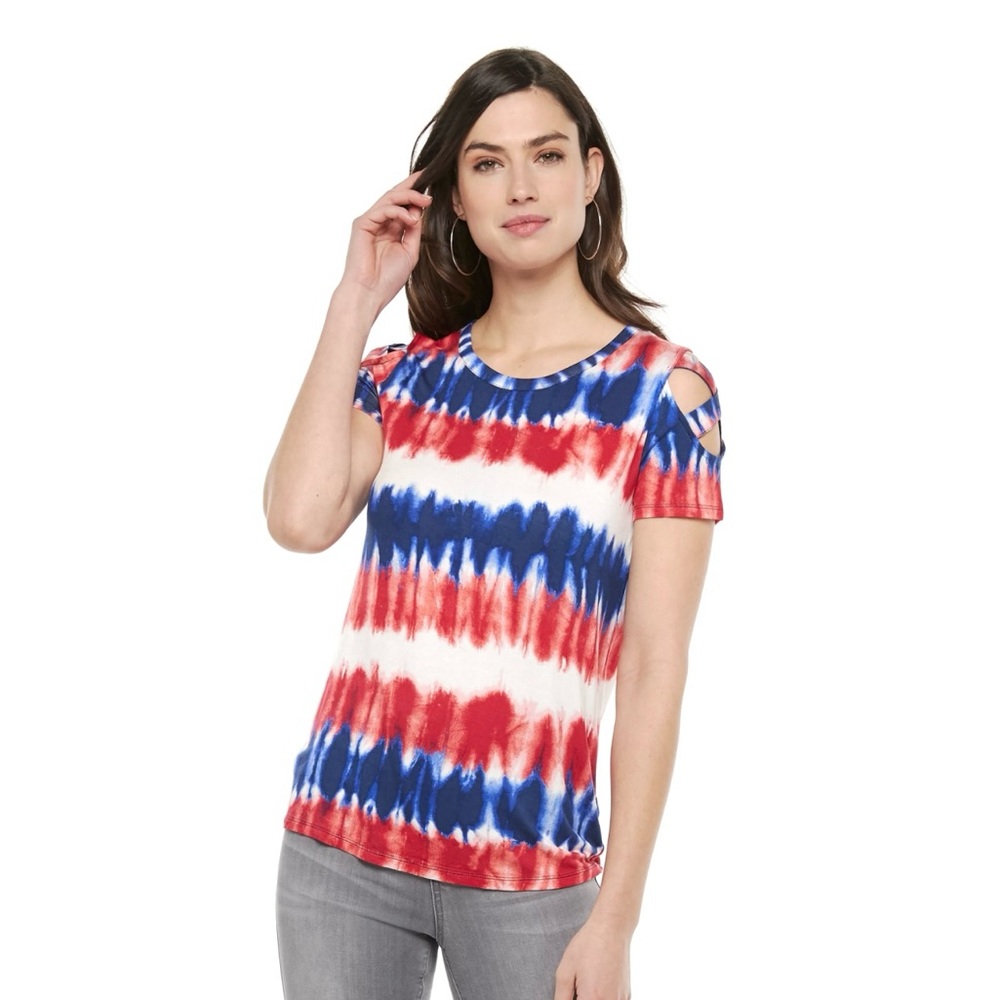 Rock & Republic Cold Shoulder Strap Top Size S Red White Blue Tie Dye Stretch